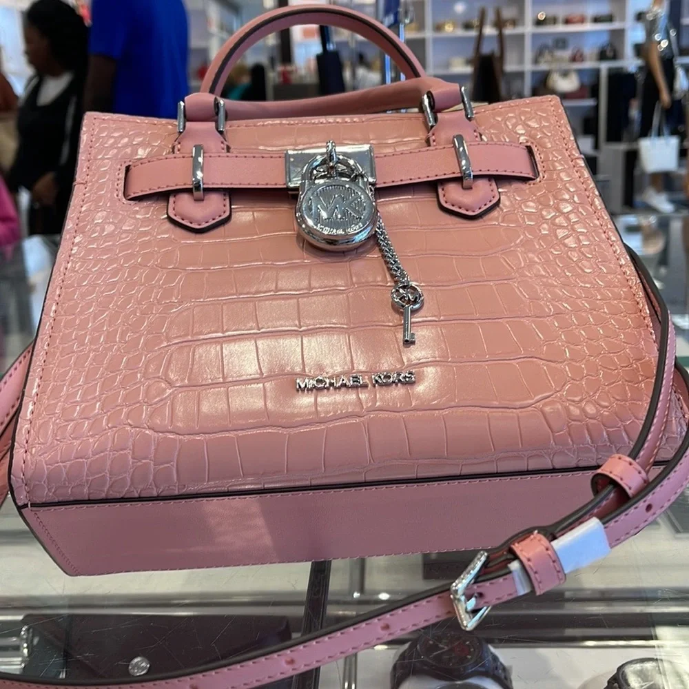 MICHAEL KORS Hamilton Small Crocodile Embossed Faux Leather Satchel Primrose NWT